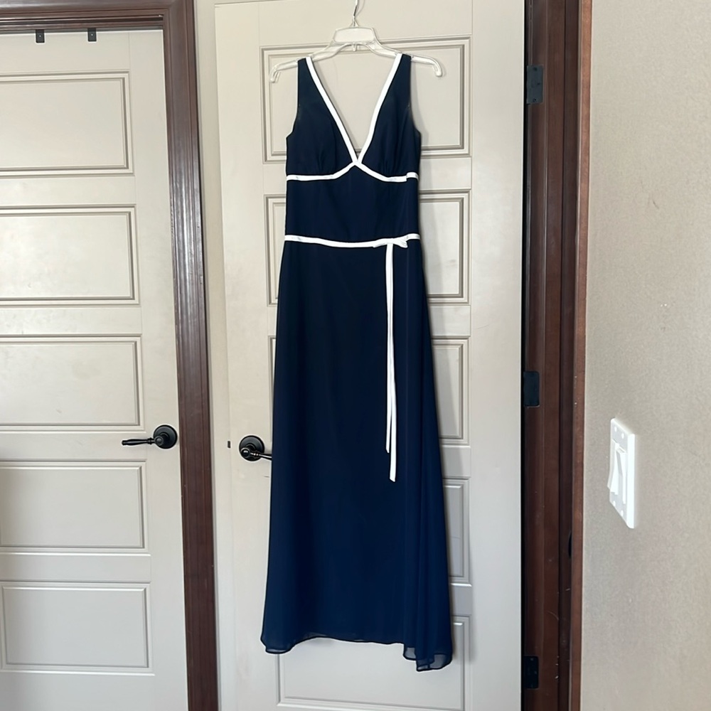 Forever Yours, navy/white v neck formal dress, full length
